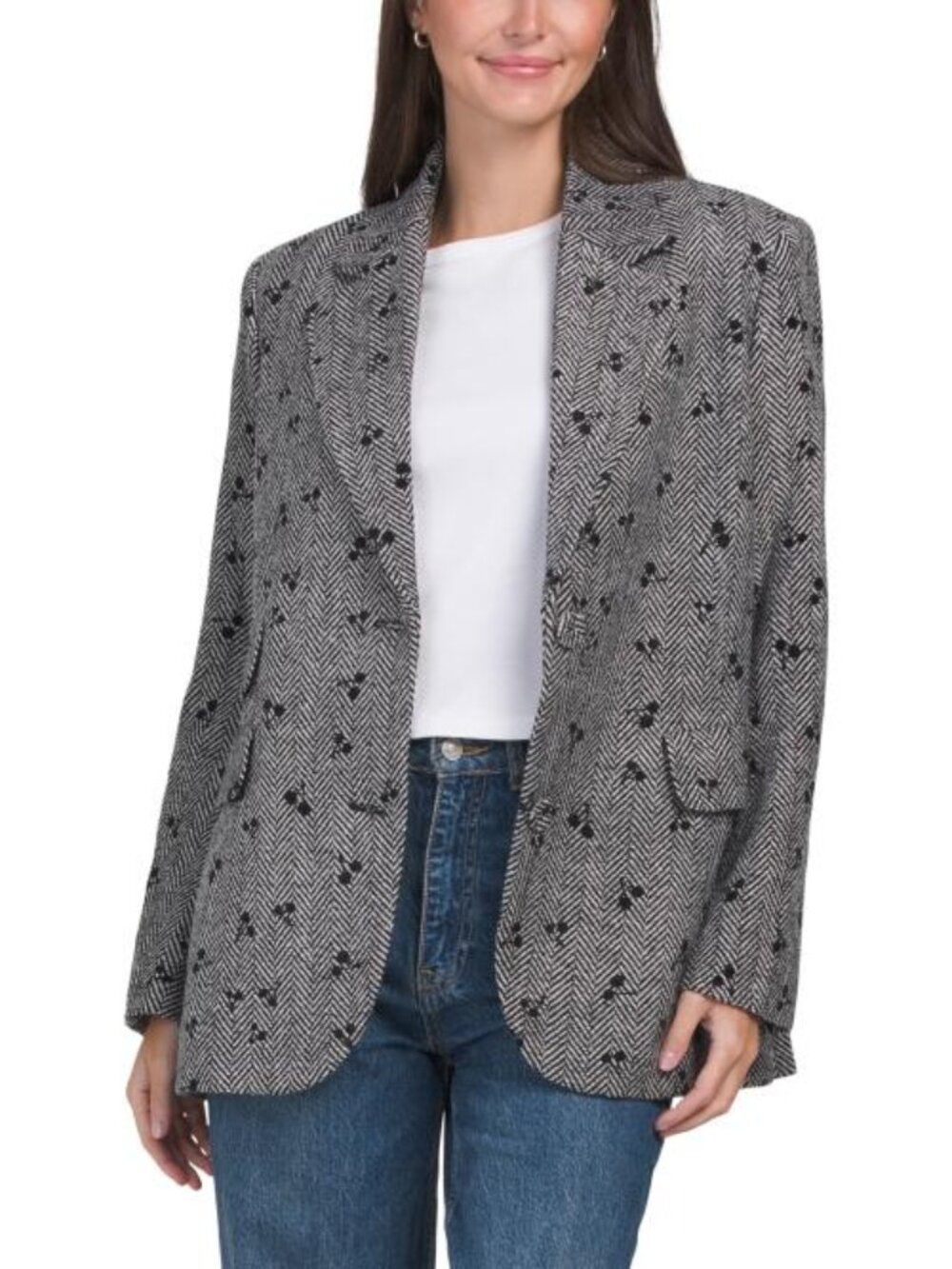 CECE Oversized Cherry Motif Single Breasted Herringbone Blazer Coat
